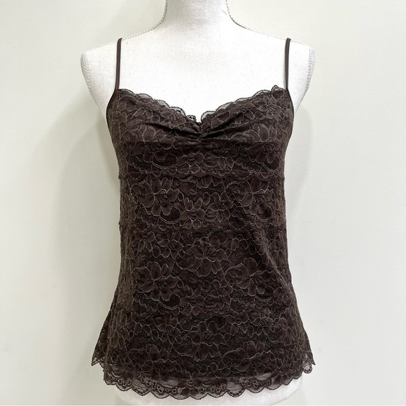 Express Y2K Vintage Lace Camisole Tank Chocolate Brown Ruched Neckline Medium - Picture 1 of 11